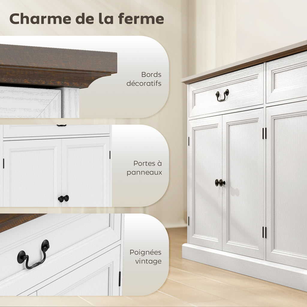 Buffet salon, meuble de rangement avec 4 portes, 2 tiroirs silencieux, étagères réglables, 140x40x85cm, blanc et marron-6