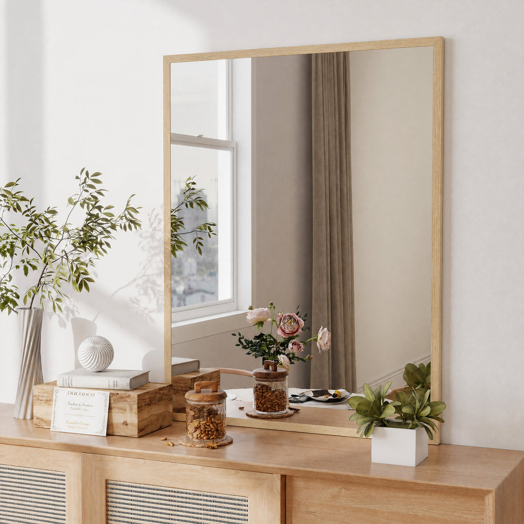 Miroir mural rectangulaire 90 x 70 cm, cadre en bois, idéal pour la salle de bain, salon ou chambre, naturel-1