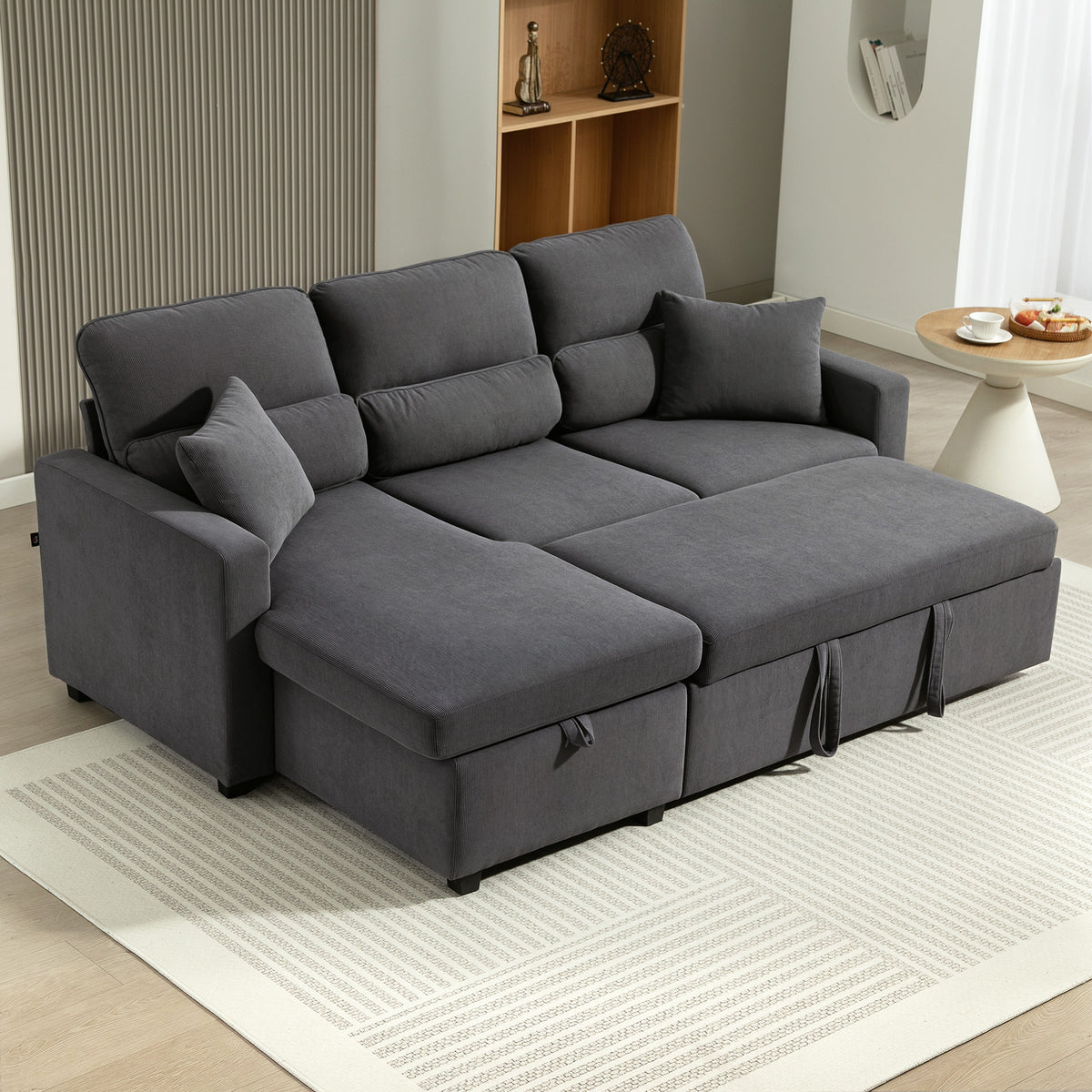 Canapé d'angle convertible en velours côtelé, canapé-lit 3 places avec rangement caché, coussins, 205x135x76cm, gris-9