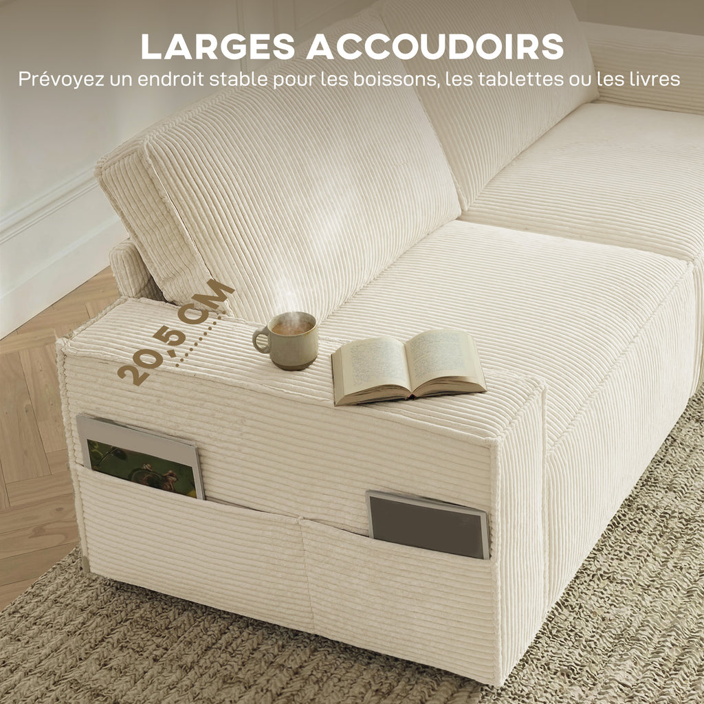 Canapé 3 places en velours côtelé 218 cm, canapé salon,  coussins à ressorts, larges accoudoirs, 2 coussins, beige-4