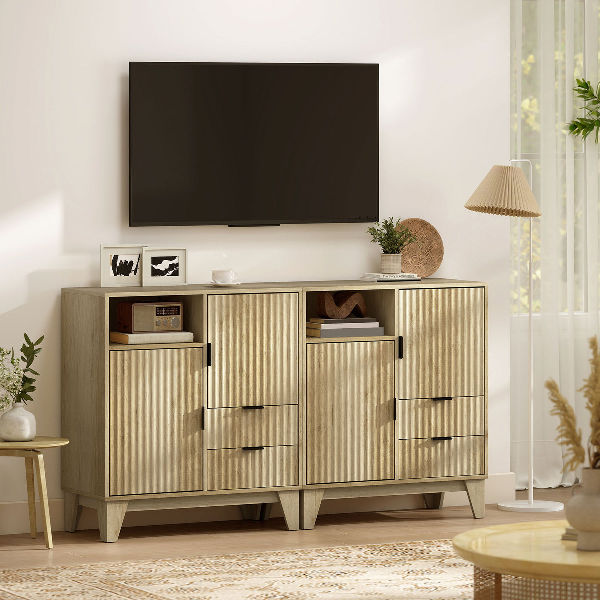 Buffet salon, meuble de rangement, 2 portes, 2 tiroirs, étagère réglable, compartiment ouvert, 80x40x90cm, bois naturel-7