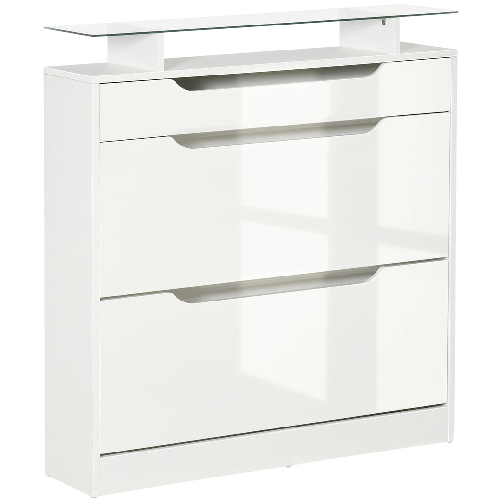 Armoire à Chaussures avec 2 Tiroirs Rabattables + 1 Tiroir Coulissant + 1 Comptoir et 1 Plateau en Verre blanc-0