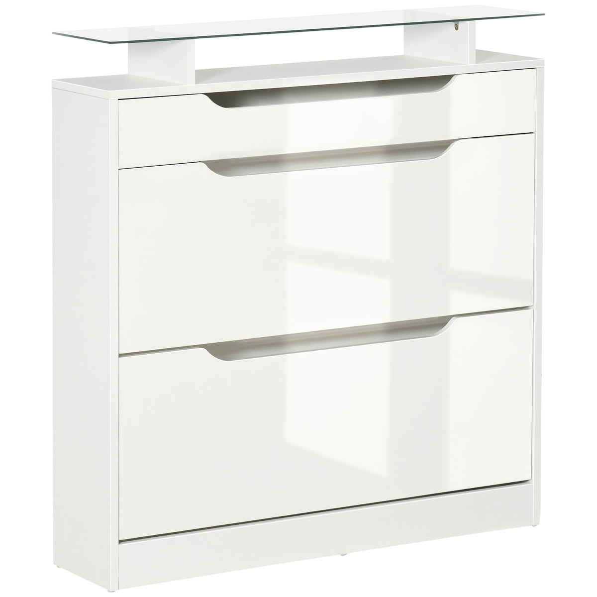 Armoire à Chaussures avec 2 Tiroirs Rabattables + 1 Tiroir Coulissant + 1 Comptoir et 1 Plateau en Verre blanc-0