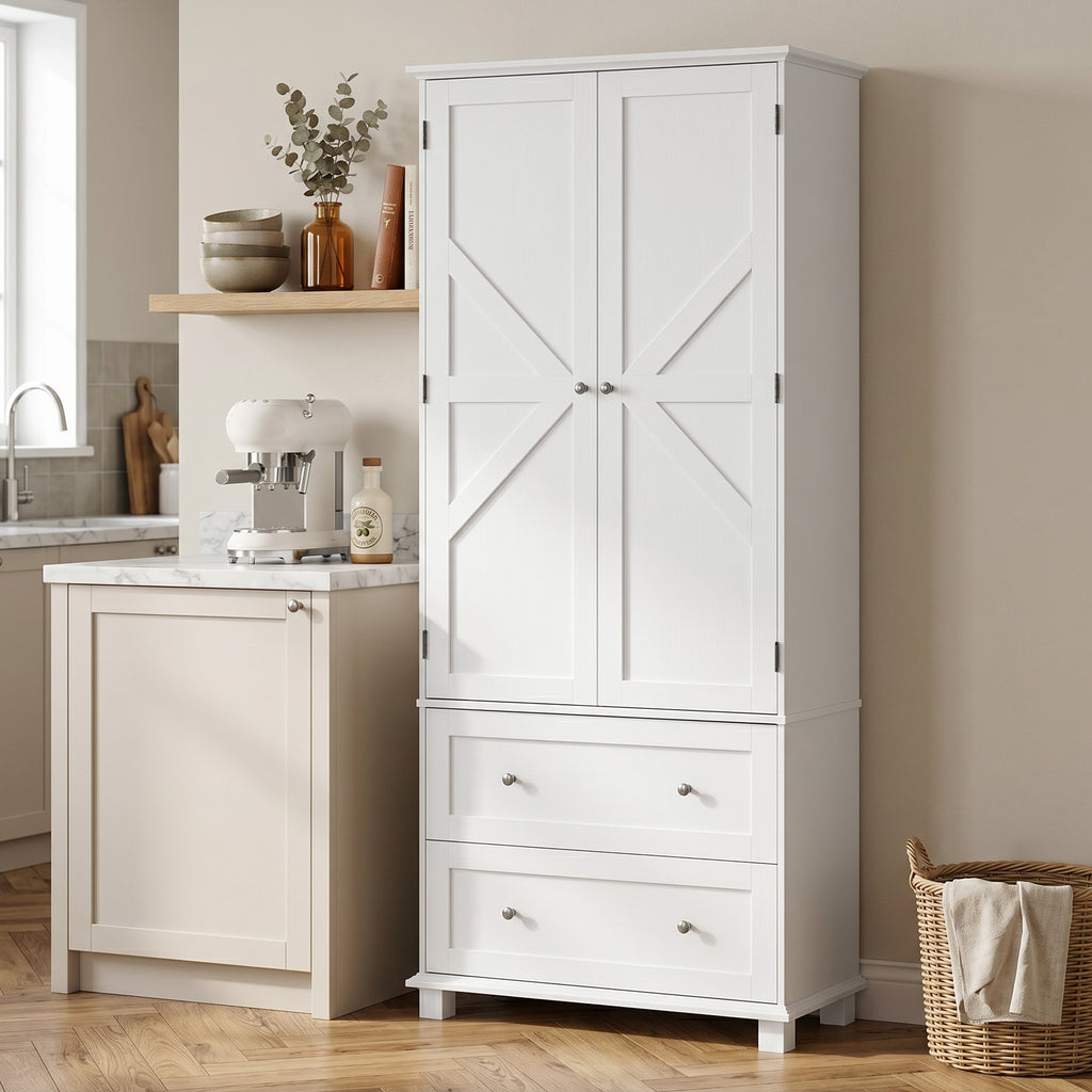 Buffet haut cuisine, armoire de cuisine 2 portes, 2 tiroirs, 6 porte-racks, étagères réglables, 80x39,5x184,5cm, blanc-8