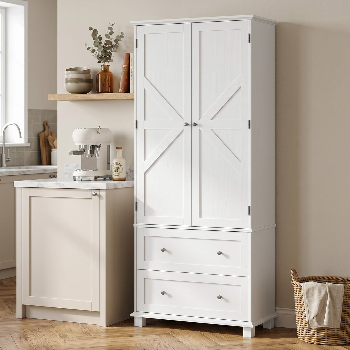 Buffet haut cuisine, armoire de cuisine 2 portes, 2 tiroirs, 6 porte-racks, étagères réglables, 80x39,5x184,5cm, blanc-8