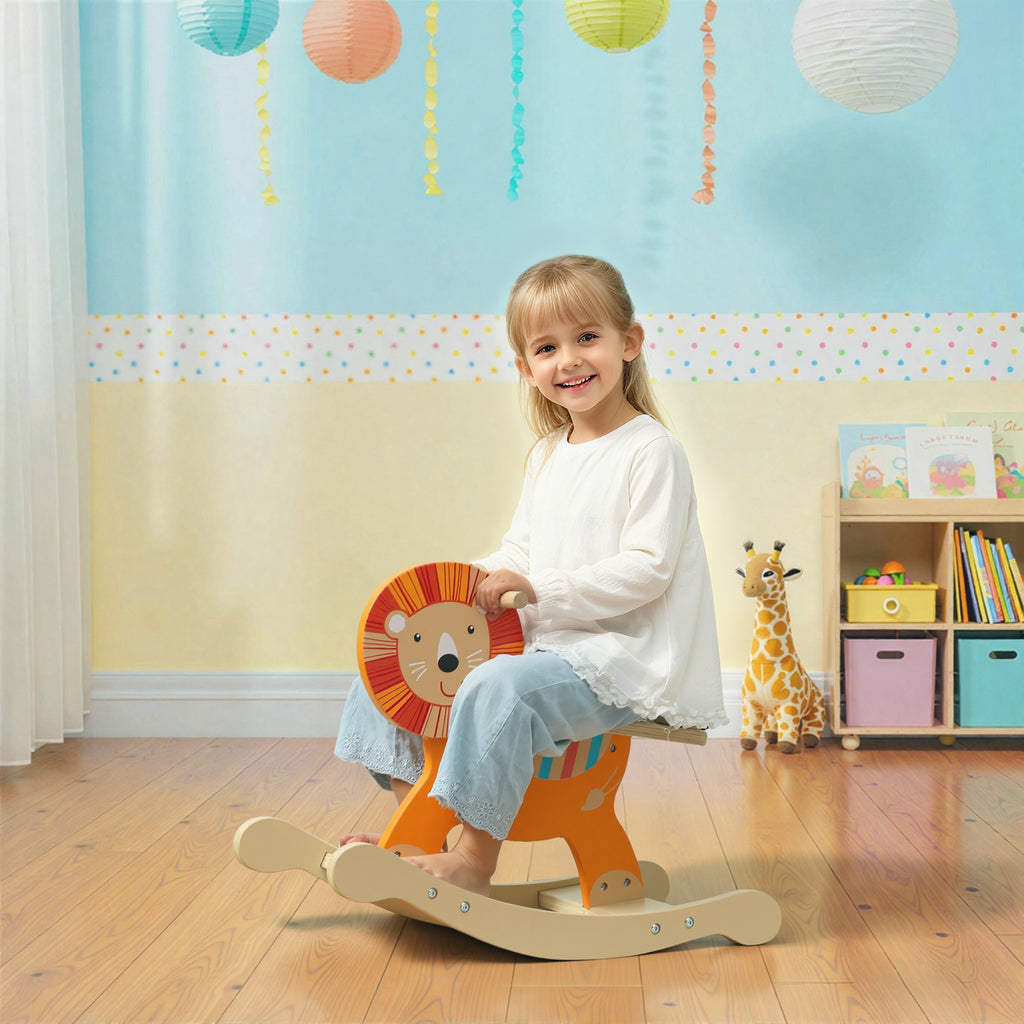 Cheval à bascule pour enfants, lion jouet à bascule bébé en bois avec guidon et base stable, 59 x 27 x 43 cm, orange-9