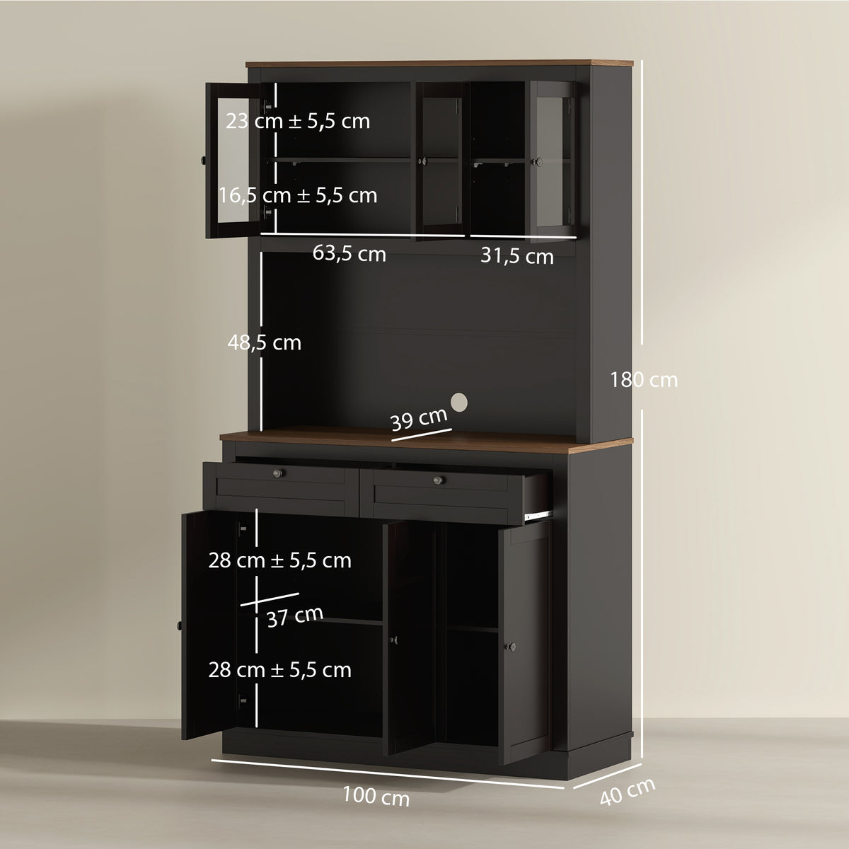 Buffet haut cuisine, armoire de cuisine, 6 portes, 2 tiroirs, plan de travail, étagères réglables, 100x40x180cm, noir-2
