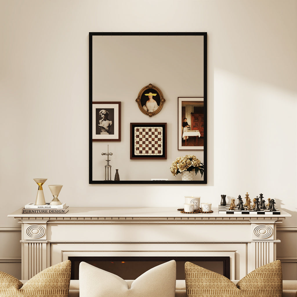 Miroir mural rectangulaire 90 x 70 cm, cadre en bois noir, idéal pour la salle de bain, salon ou chambre-7