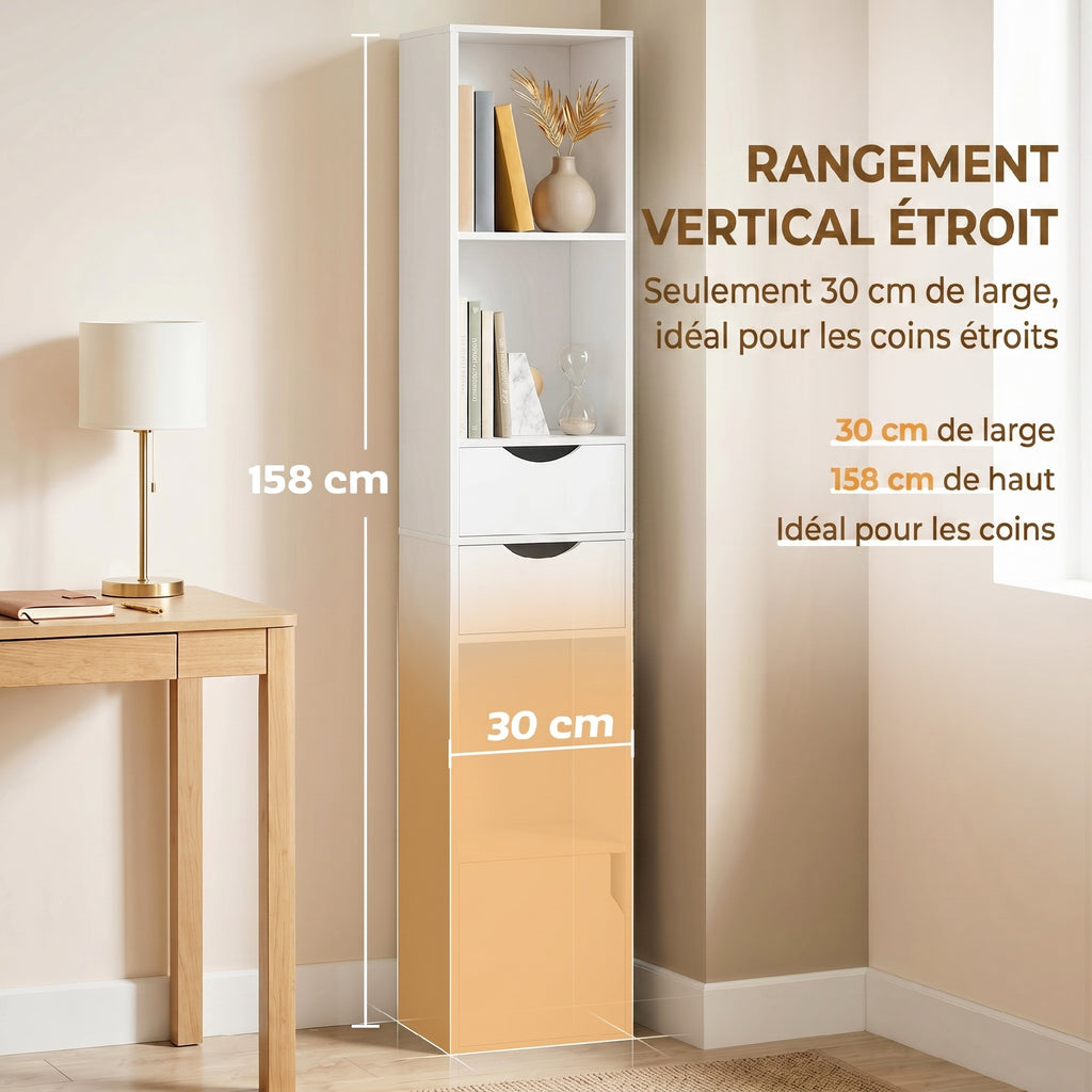 Bibliothèque étagère de rangement avec porte, 2 tiroirs, compartiments ouverts et étagère réglable, 30x24x158cm, blanc-3