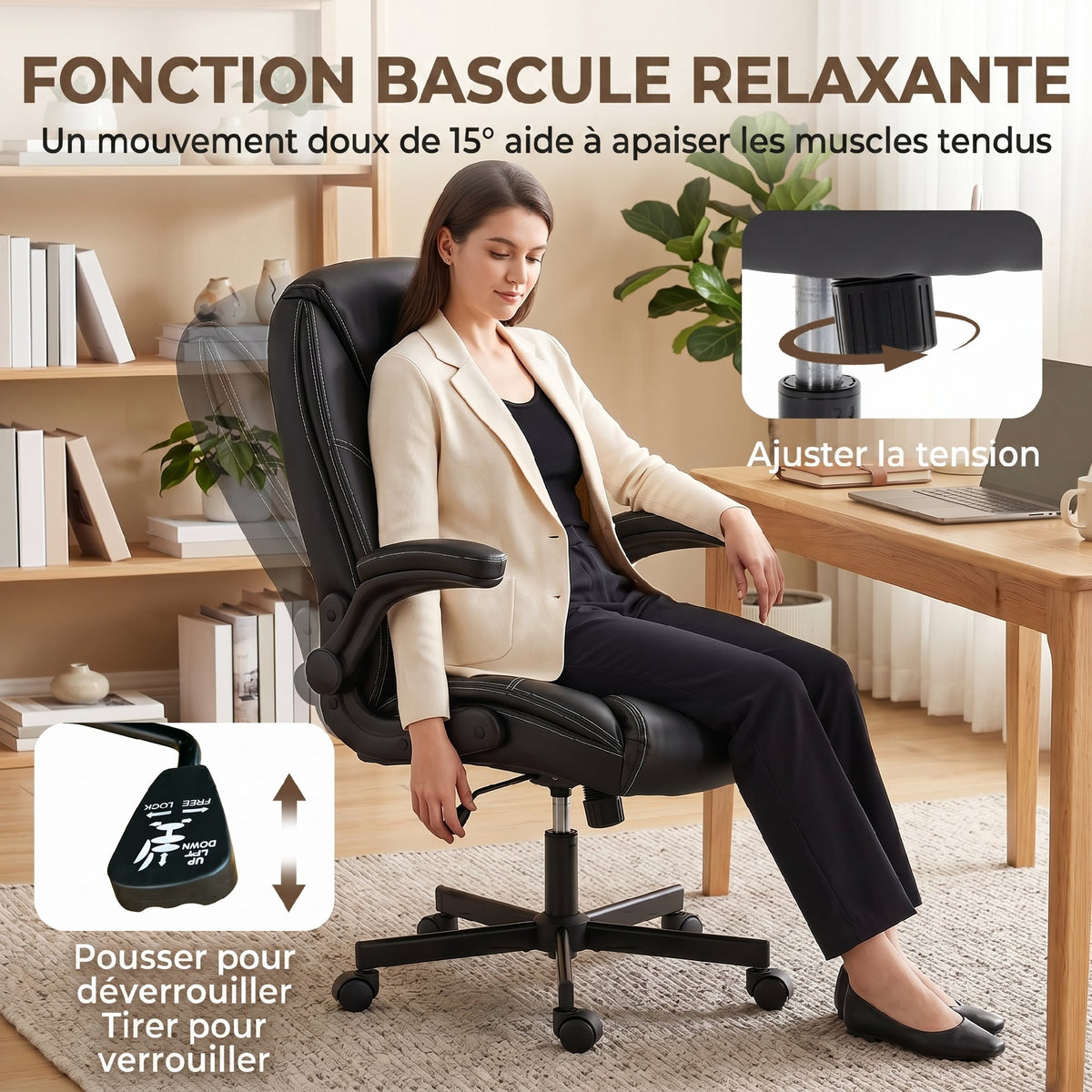 Chaise bureau ergonomique fauteuil de bureau accoudoirs relevables hauteur réglable fonction bascule noir-6