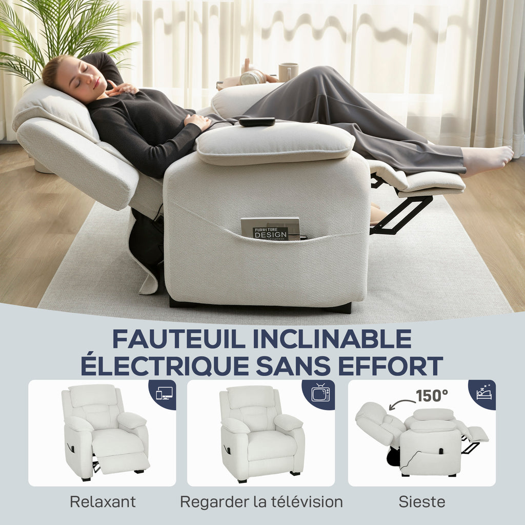 Fauteuil relax électrique fauteuil inclinable port USB repose-pieds poches latérales télécommande 86x90x103cm beige-3