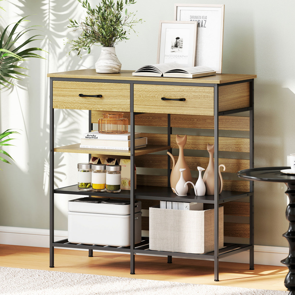 Buffet cuisine, meuble de rangement avec 2 tiroirs et 3 étagères ouvertes, 90 x 40 x 91 cm, bois naturel et noir-7