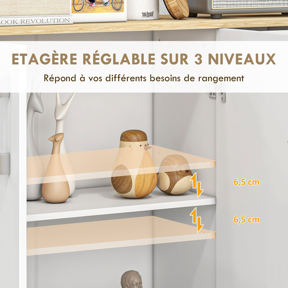 Buffet, meuble de rangement avec 3 portes, 2 tiroirs et étagère réglable, 90 x 30 x 75,5 cm, blanc et bois naturel-4