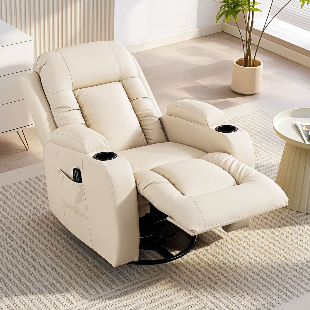Fauteuil inclinable de massage et chauffage, fauteuil de relaxation, dossier réglable, pivotant 360°, 82x99x103cm, crème-9