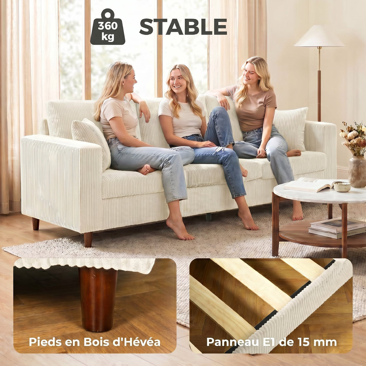 Canapé 3 Places en Velours Côtelé, Canapé de Salon Moderne 225 cm, Assise Large, Coussin à Ressorts, Crème-6