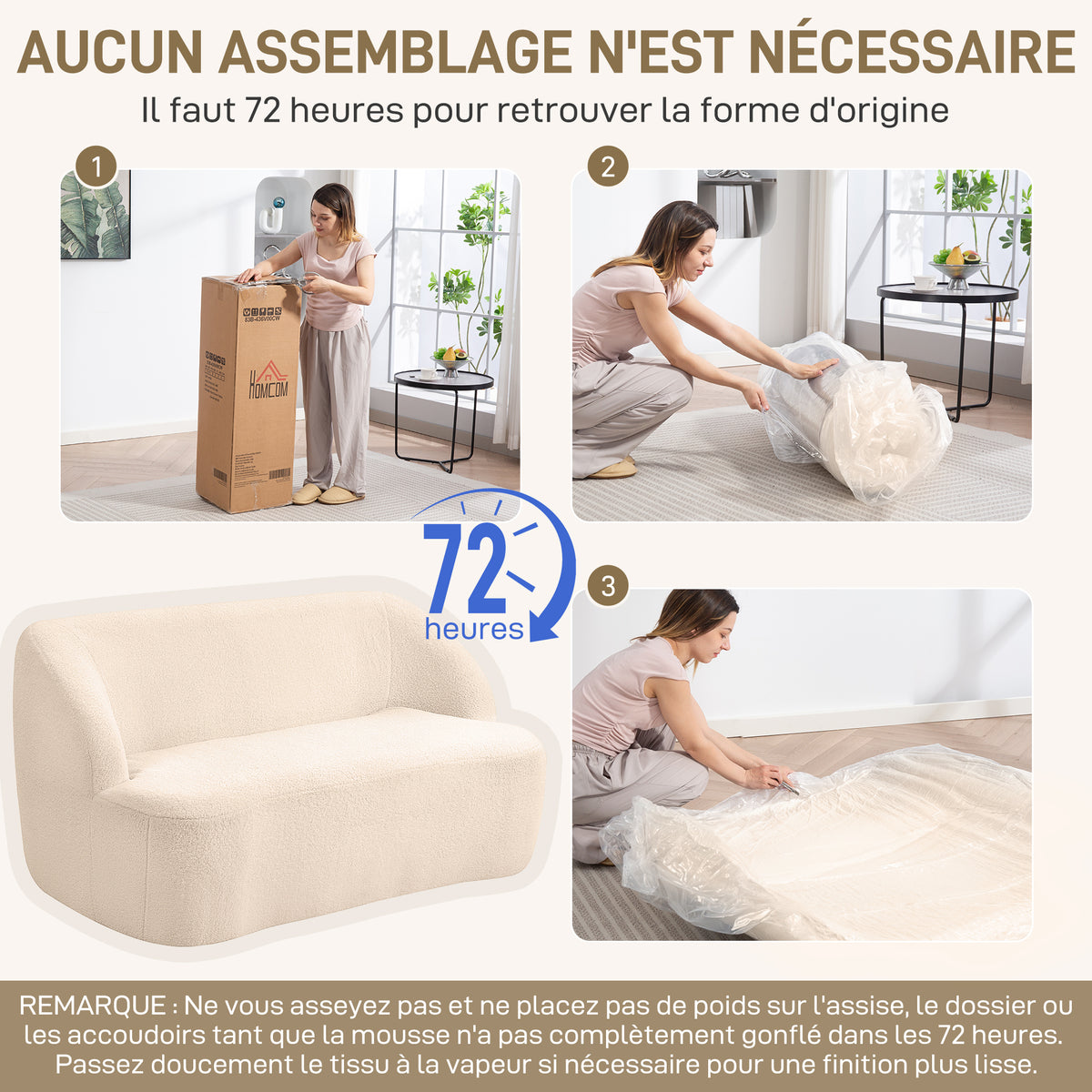 Canapé 2 places canapé en tissu bouclette 142 cm avec dossier et assise incurvés, aucun assemblage requis, beige-6