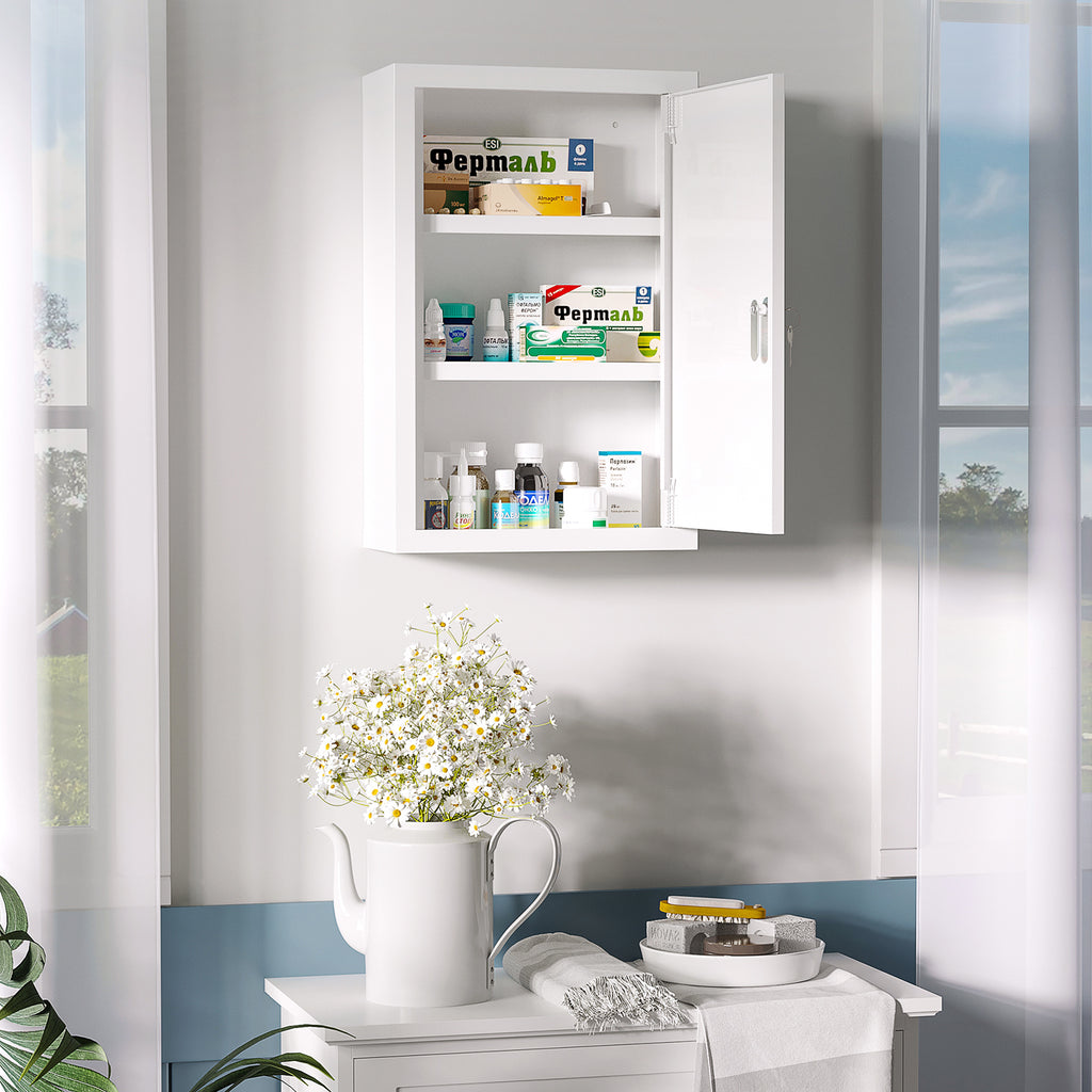 Armoire à pharmacie murale en acier, armoire à médicaments à 3 niveaux porte verrouillable 2 clés, 30x14x46cm, blanc-1