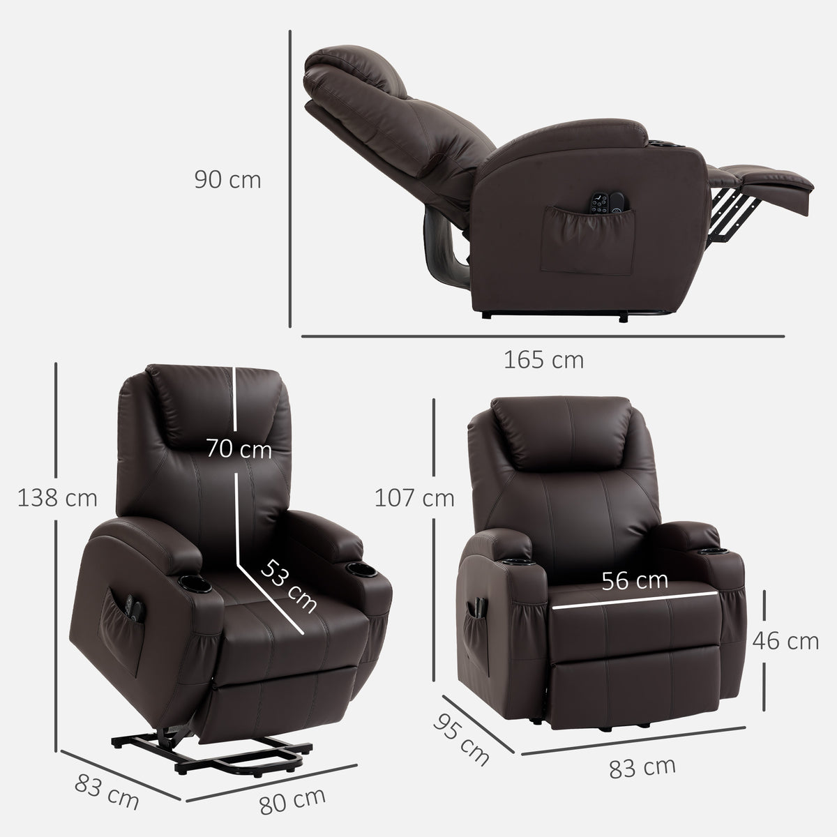 Fauteuil releveur électrique, fauteuil relax électrique, repose-pied, dossier inclinable, port USB, 83x95x107cm, marron-2
