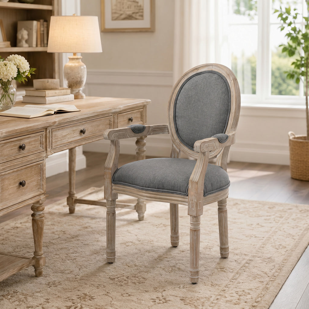 Chaise de Salle à Manger Chaise de Salon médaillon Style Louis XVI Bois Massif patiné sculpté Tissu Lin Gris-8