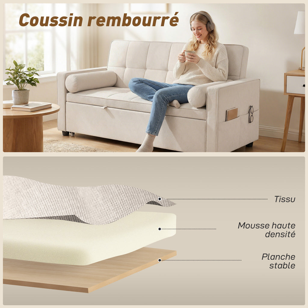 Canapé convertible 2 places 3 en 1 canapé-lit avec lit gigogne double dossier réglable 2 coussins 80,5x137,5x84cm beige-5