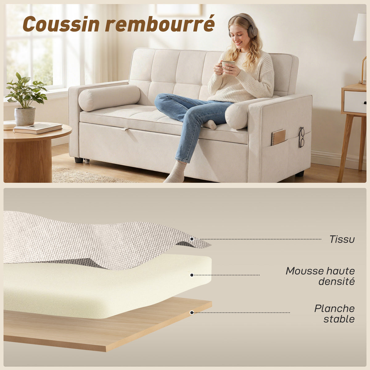 Canapé convertible 2 places 3 en 1 canapé-lit avec lit gigogne double dossier réglable 2 coussins 80,5x137,5x84cm beige-5