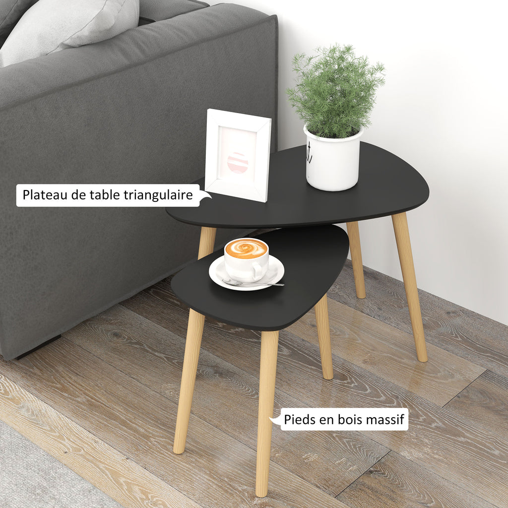 Lot de 2 tables basses gigognes design scandinave pieds en bois et plateau en bois, noir-4
