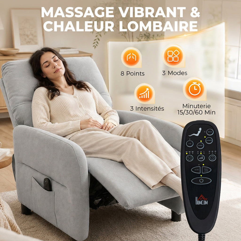 Fauteuil Inclinable de Massage par Vibration et Chauffage, Fauteuil de Relaxation en Tissu Éponge Bouclé, Gris-3