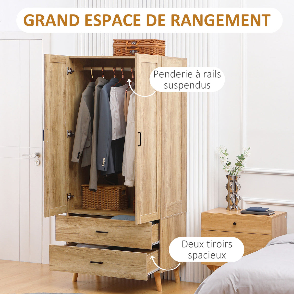 Armoire à vêtements armoire de rangement 2 portes et 2 tiroirs avec tringle - 80 x 54 x 180 cm-3