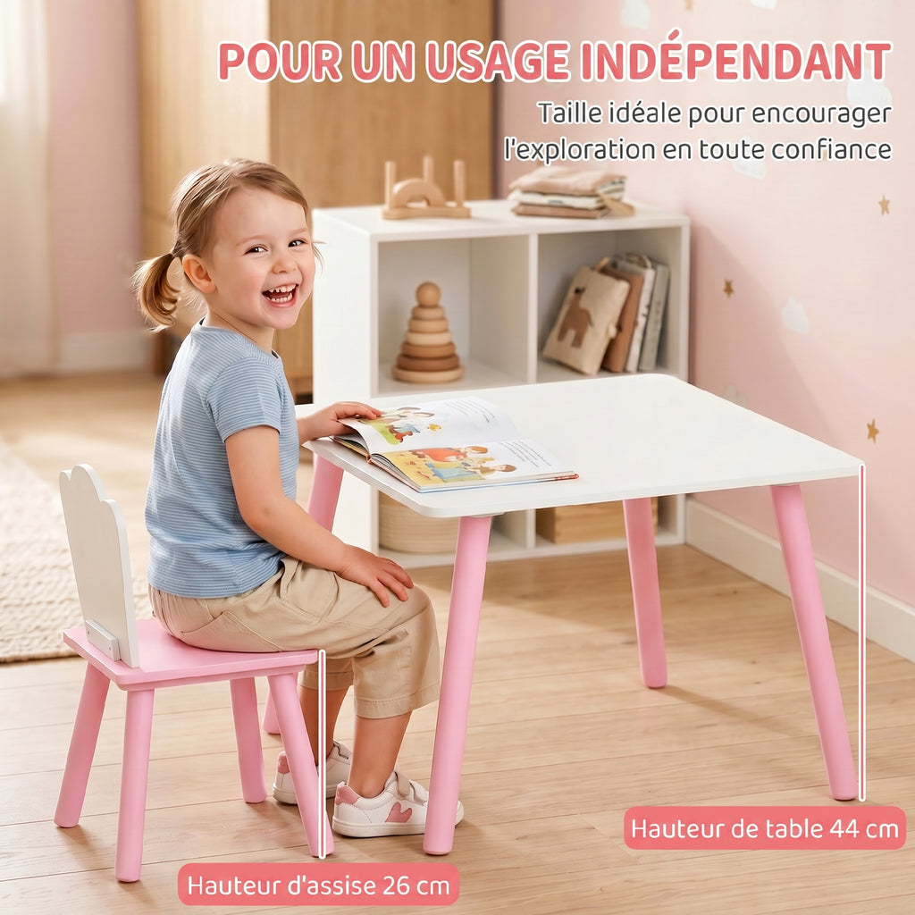 Table enfant avec chaise, ensemble table et 2 chaises en bois pour dessiner, jouer, étudier, rose-4