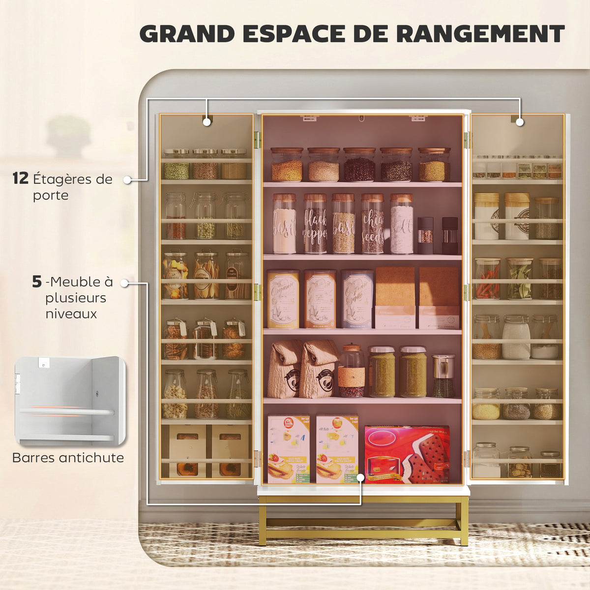 Armoire de cuisine meuble cuisine rangement avec 12 étagères à portes, étagères ajustables, 58x29x119,5cm, blanc-3