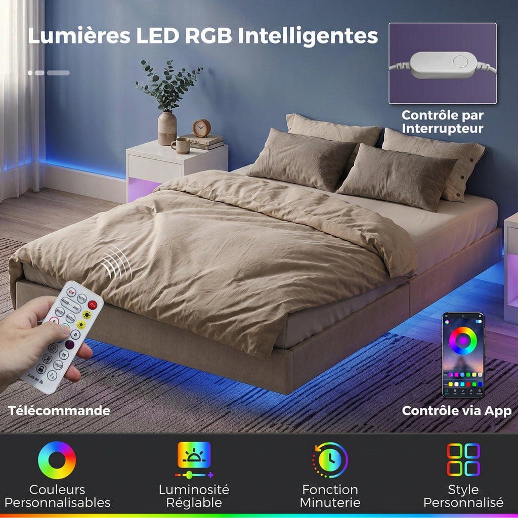Lit Flottant 160 x 200 cm avec Éclairage LED Intelligent, Cadre de Lit Double Rembourré en Lin, Montage Facile, Beige-4
