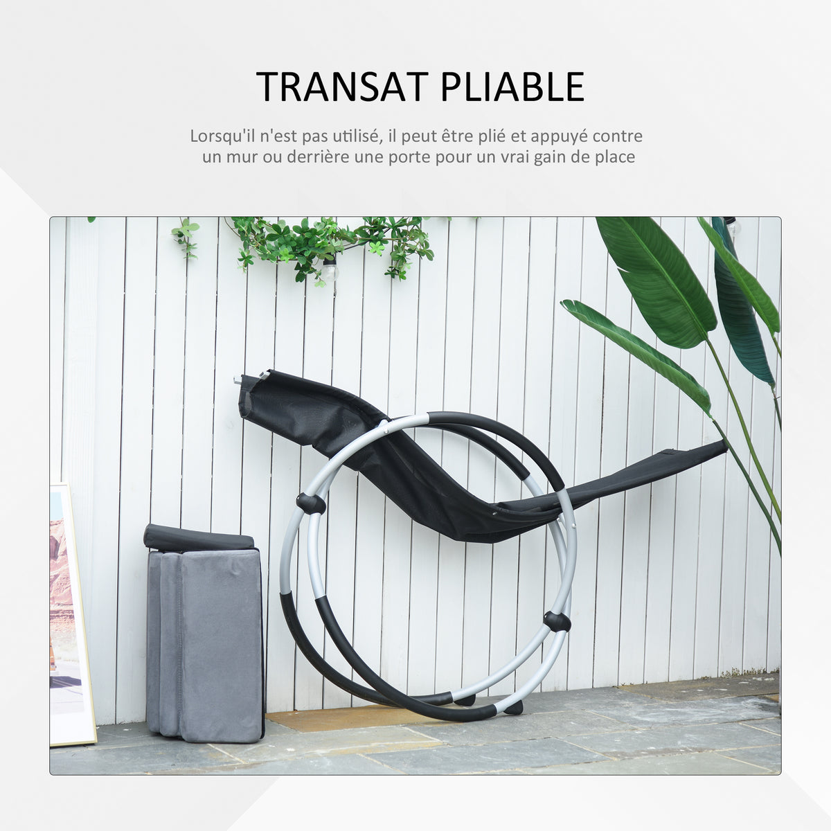 Chaise Longue à Bascule Pliable Rocking Chair avec Matelas revêtement Aspect Daim métal textilène Gris Noir-4