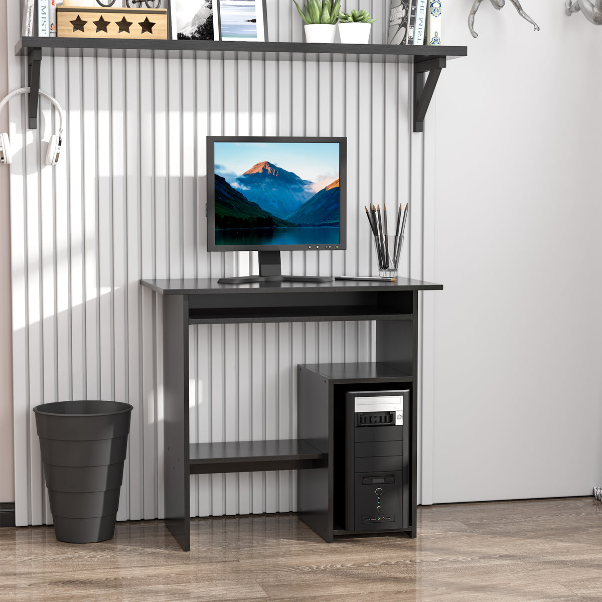 Bureau d'ordinateur, bureau avec rangement, plateau pour clavier et support de moniteur, 80 x 45 x 75 cm, noir-9