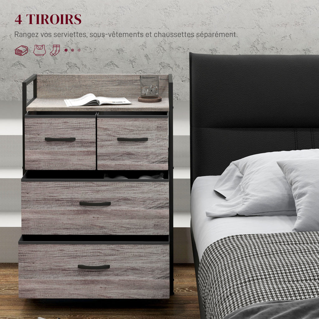 Cassettiera industriale grigia e nera con i cassetti grandi parzialmente aperti, esempio di ambientazione accanto al letto
