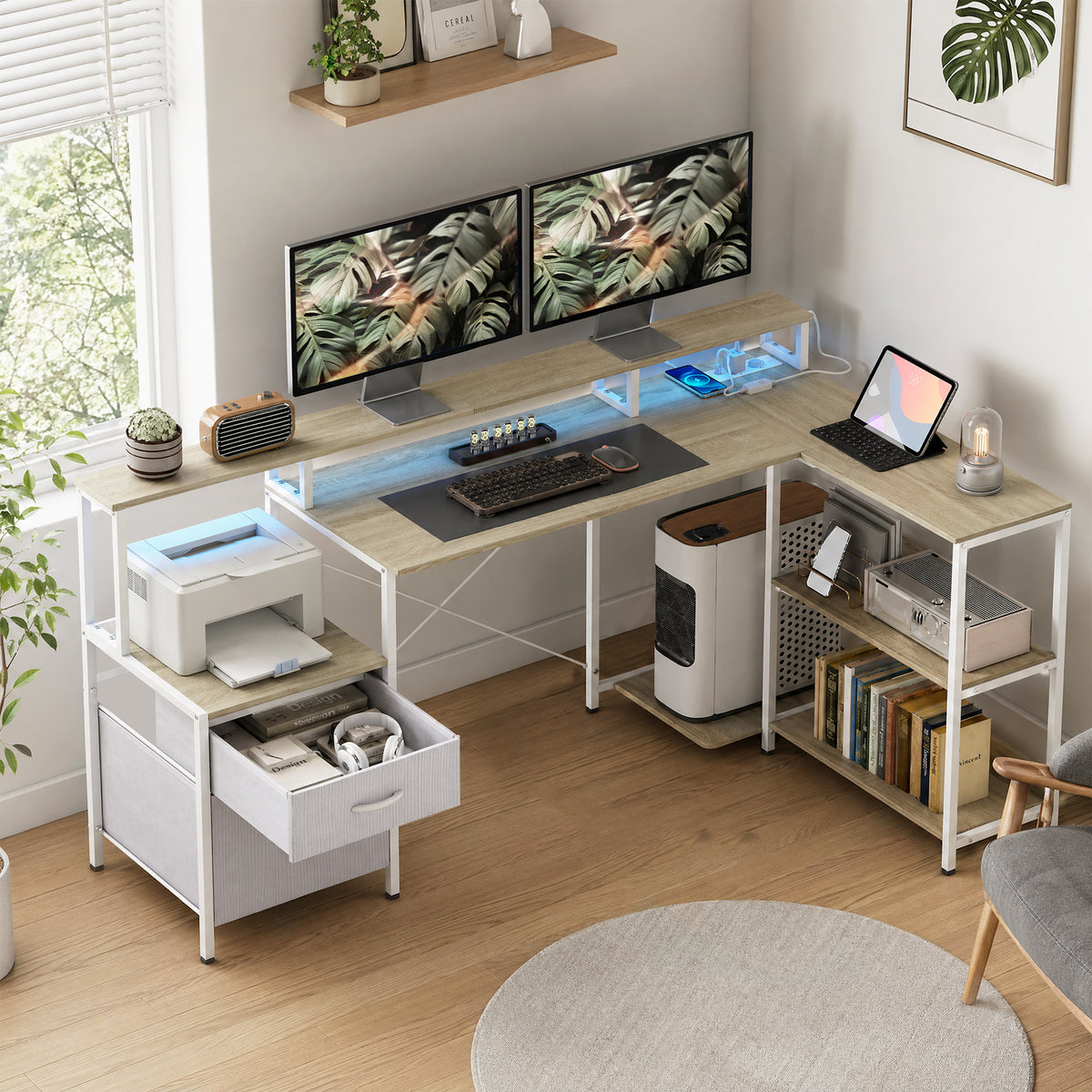 Bureau d'angle avec prises et lumières LED RGB, bureau d'ordinateur, 172 x 100 cm, support d'écran, 2 tiroirs, blanc-1