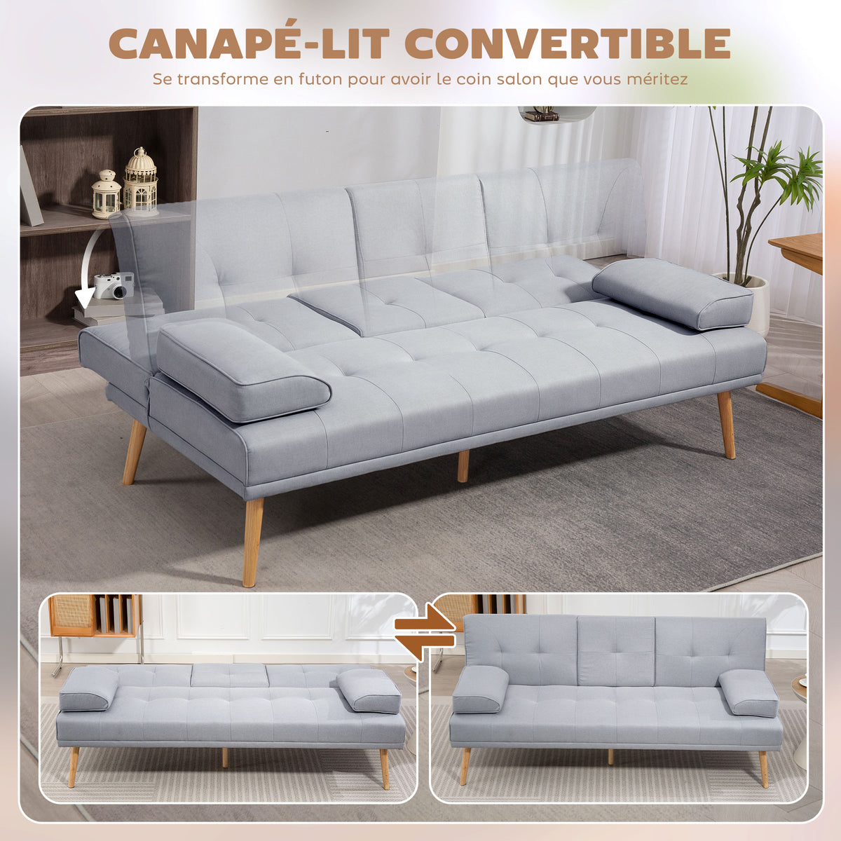 Canapé convertible 3 places, canapé-lit rembourré avec dossier réglable 3 niveaux, 2 coussins et 2 porte-gobelets intégrés, tissu de lin, pour salon, chambre d'amis, petit espace, gris clair-3