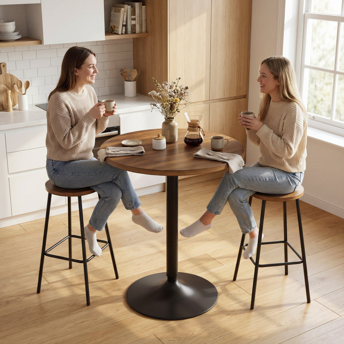 Table de bar ronde 60 cm, table haute cuisine mange-debout avec patins antidérapants, pour cuisine, salon, noyer-6
