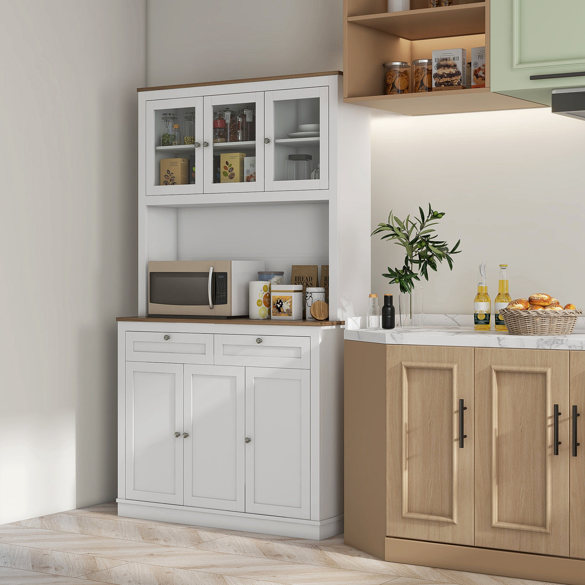 Buffet haut cuisine, armoire de cuisine, 6 portes, 2 tiroirs, plan de travail, étagères réglables, 100x40x180cm, blanc-9