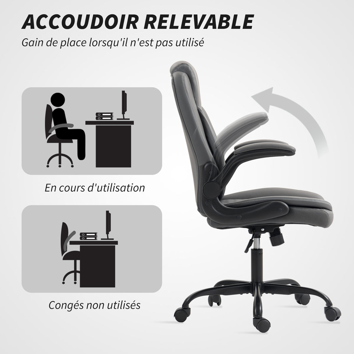 Fauteuil de bureau, chaise bureau ergonomique avec accoudoirs relevables, hauteur réglable, fonction de bascule, gris-6
