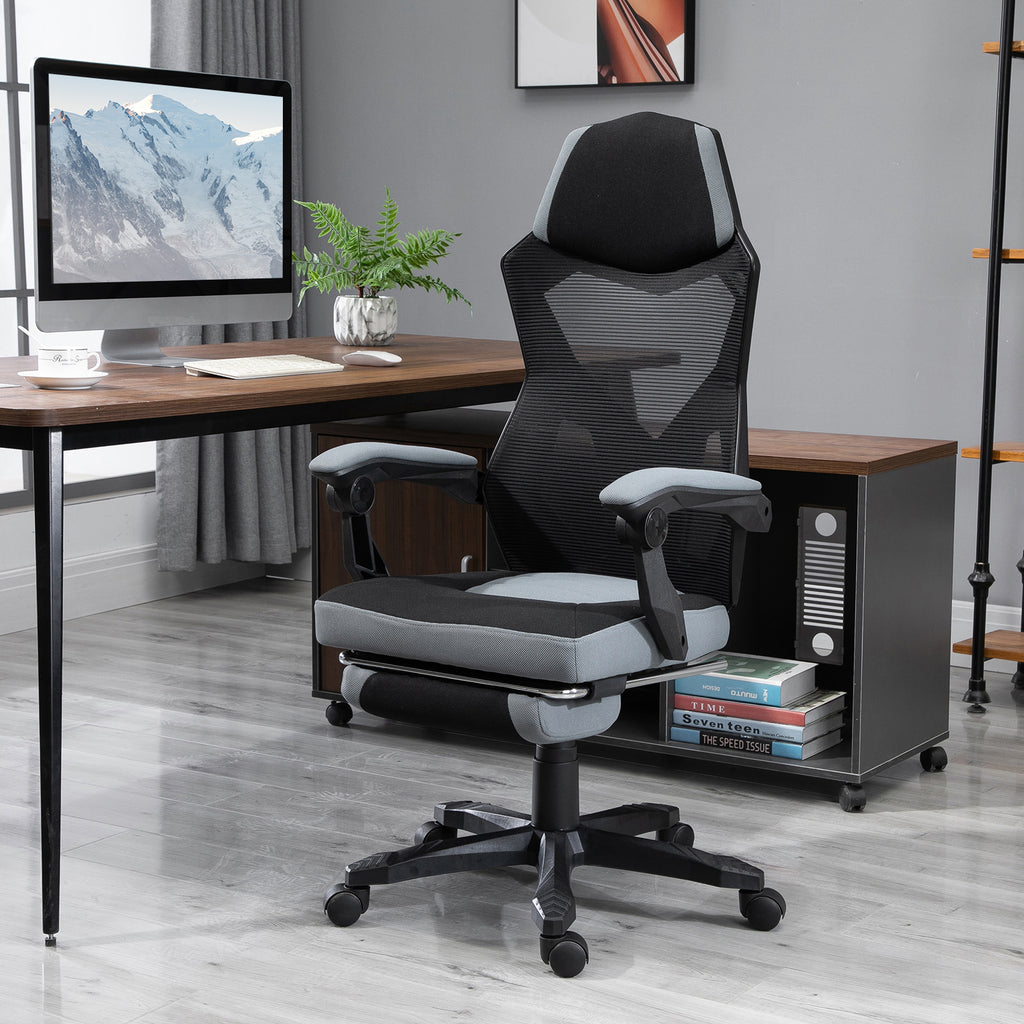 Chaise de bureau fauteuil gaming hauteur réglable dossier roulettes pivotantes repose-pied tissu en maille 58L x 63l x 112-122H cm gris noir-1