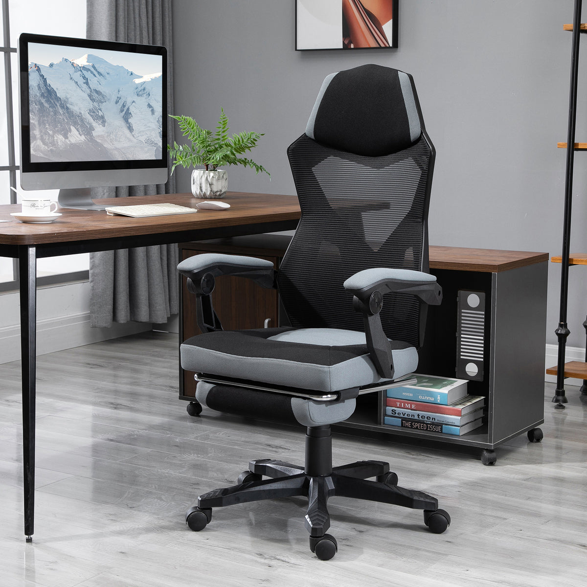 Chaise de bureau fauteuil gaming hauteur réglable dossier roulettes pivotantes repose-pied tissu en maille 58L x 63l x 112-122H cm gris noir-1
