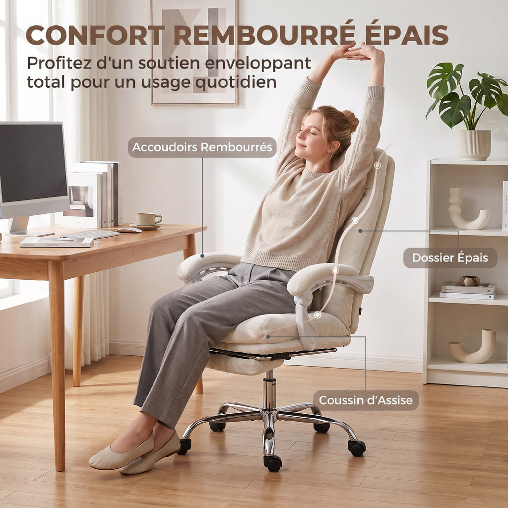 Chaise Bureau Ergonomique, Fauteuil de Bureau Inclinable en Chenille, Hauteur Réglable, Repose-Pieds, Crème-3