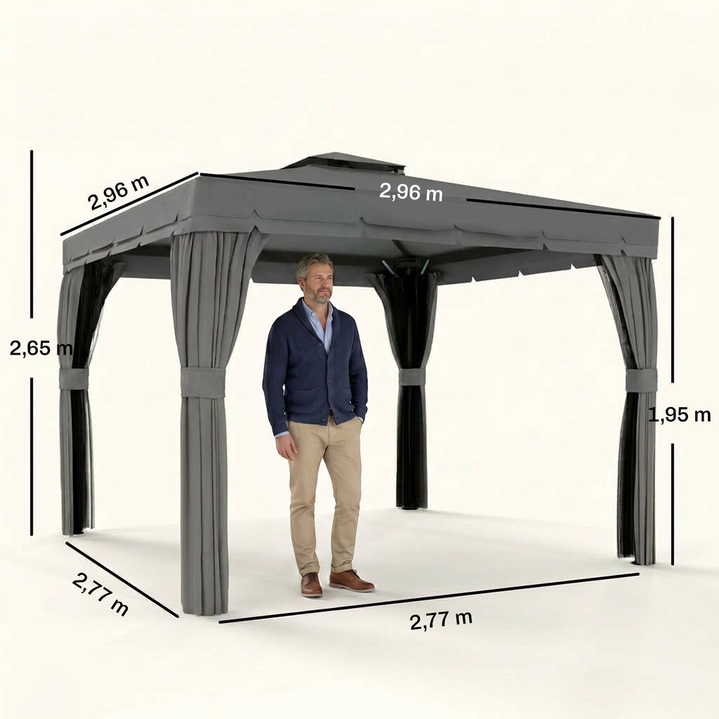 Tonnelle de jardin extérieur 3 x 3 m, barnum avec toit double, rideaux et moustiquaire, cadre en aluminium, gris foncé-2