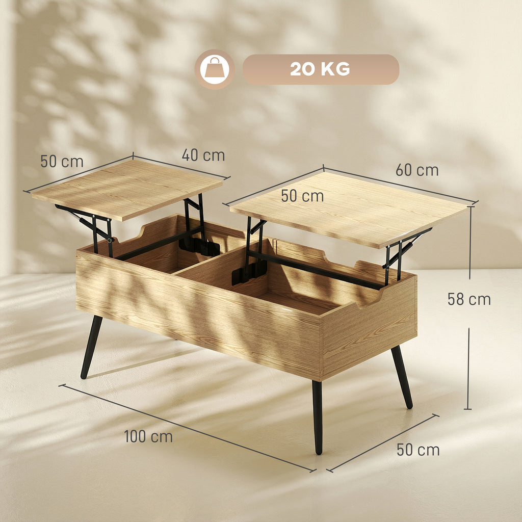 Table basse relevable avec double plateau, table de salon avec compartiment caché et pieds en métal, bois naturel-2