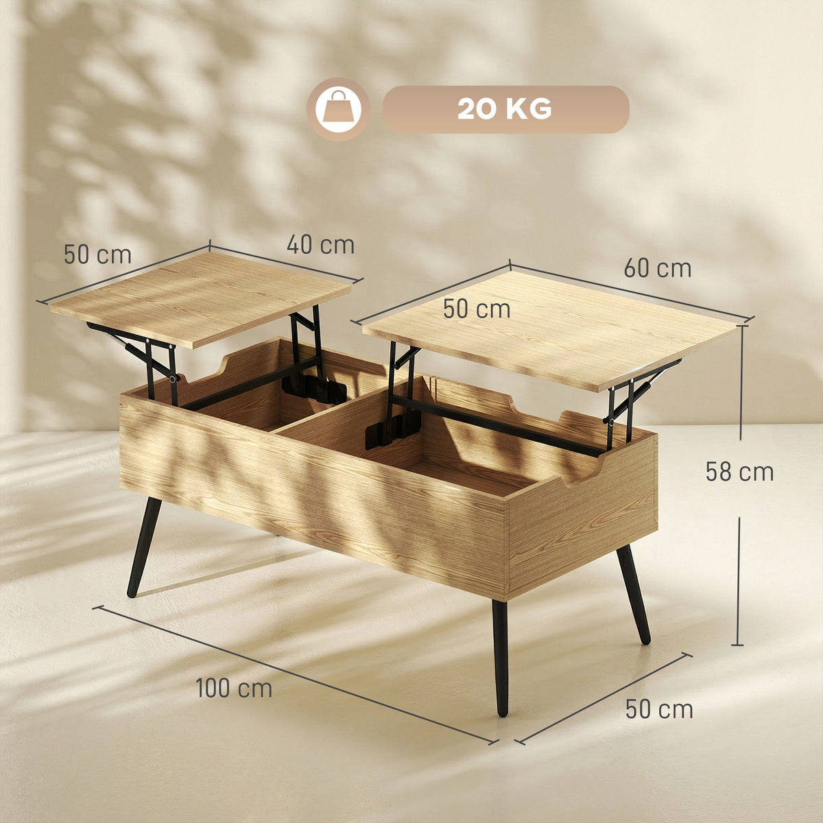 Table basse relevable avec double plateau, table de salon avec compartiment caché et pieds en métal, bois naturel-2