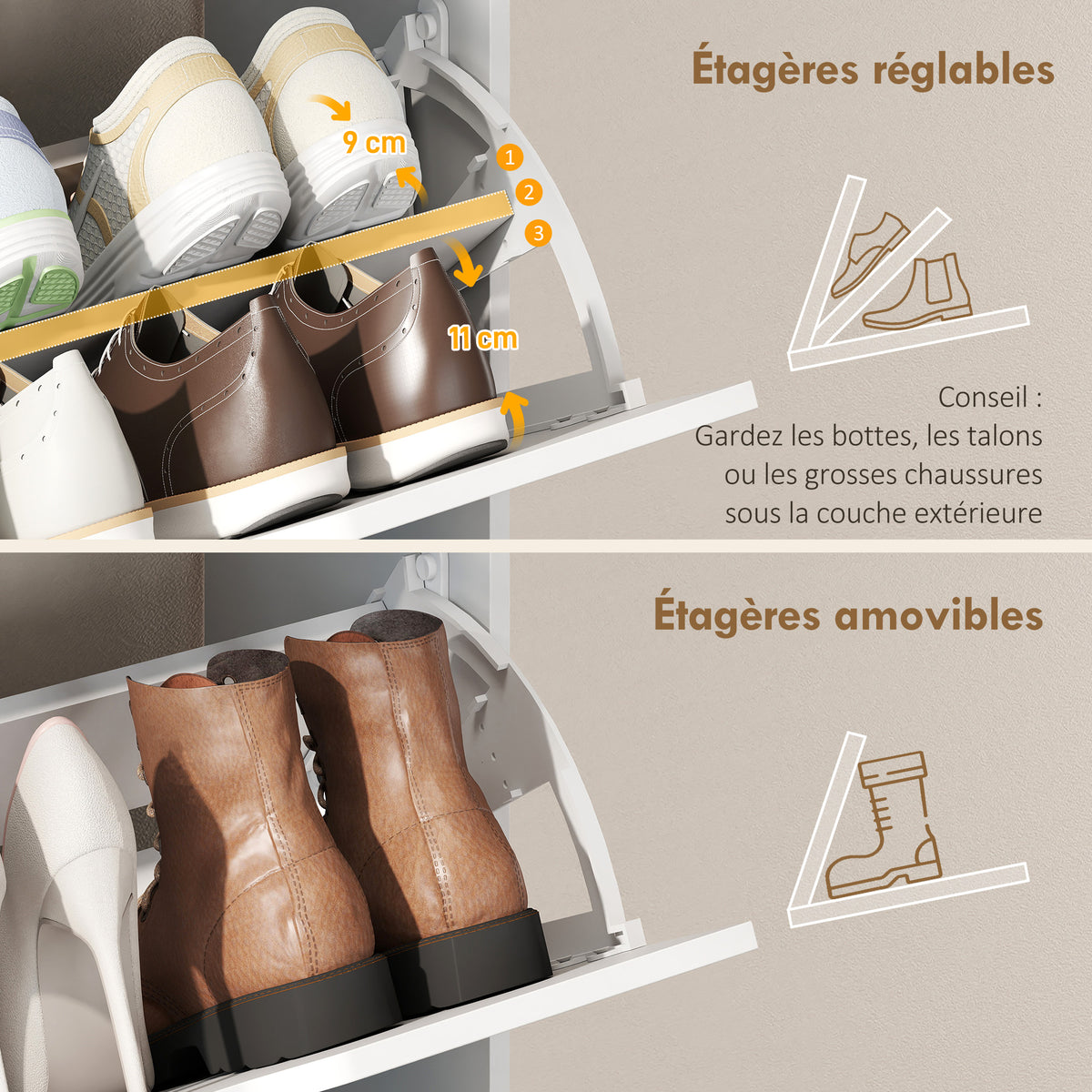 Meuble à chaussures 18 paires, armoire à chaussures étroite, 3 tiroirs rabattables, étagères réglables, blanc-5