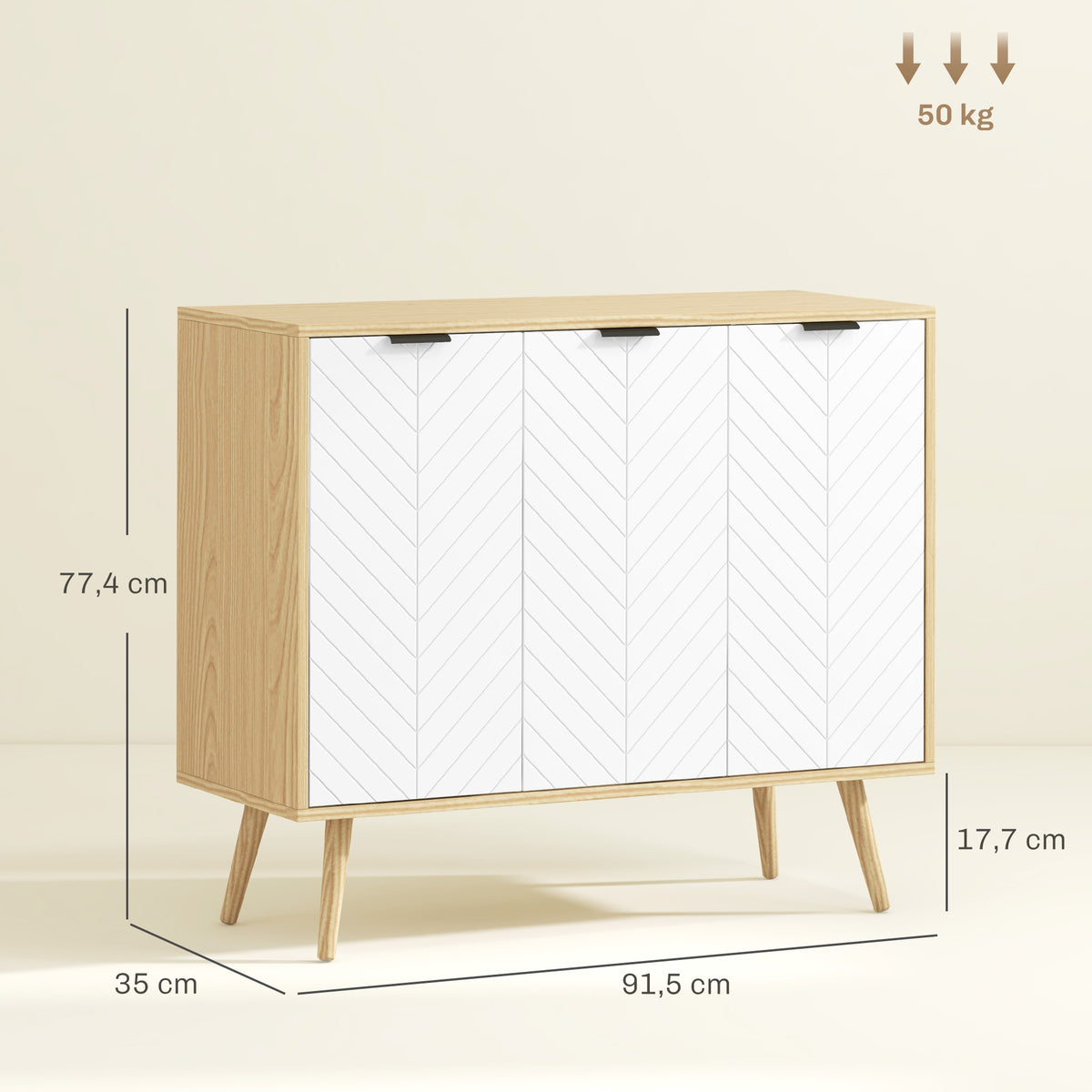 Schema delle dimensioni della credenza bianca e legno naturale da 91,5 × 35 × 77,4 cm, con dettaglio dell’altezza dei piedi