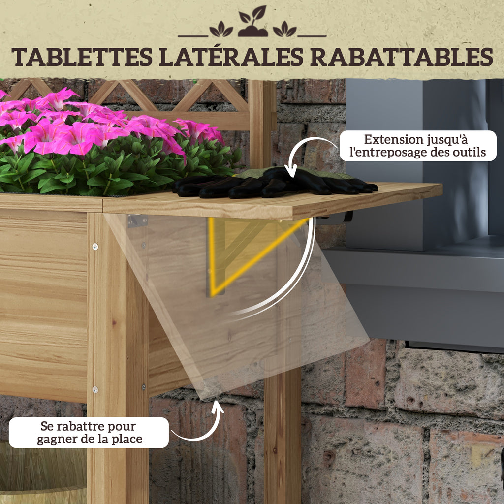 Jardinière rectangulaire sur pieds avec treillis 2 tablettes latérales rabattables 1 étagère inférieure bois-4