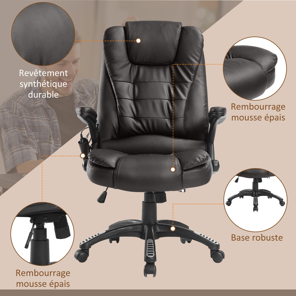 Fauteuil de bureau massant et chauffant électrique fauteuil bureau ergonomique revêtement synthétique brun-7