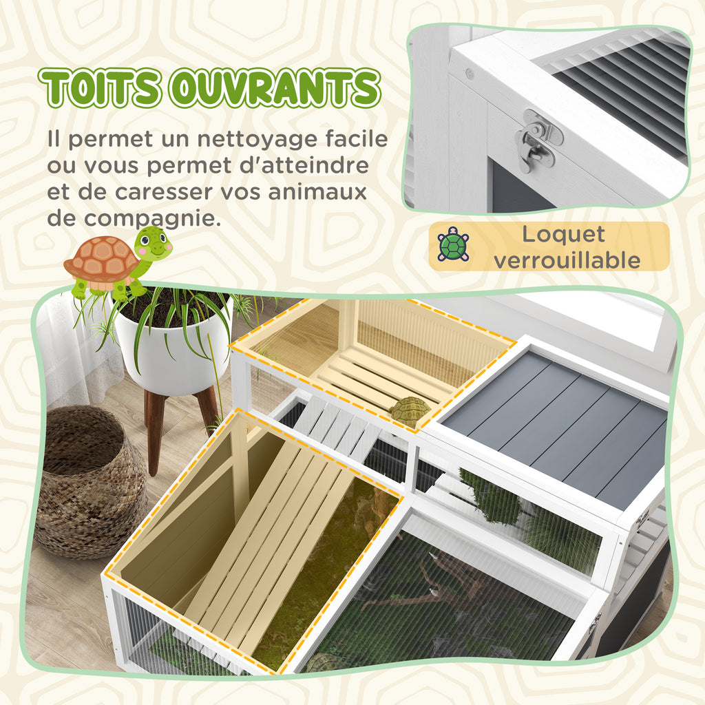 Maison enclos cage pour petit animal tortue avec 2 espaces toit en polycarbonate 3 portes rampe 115 x 115 x 82 cm gris-4